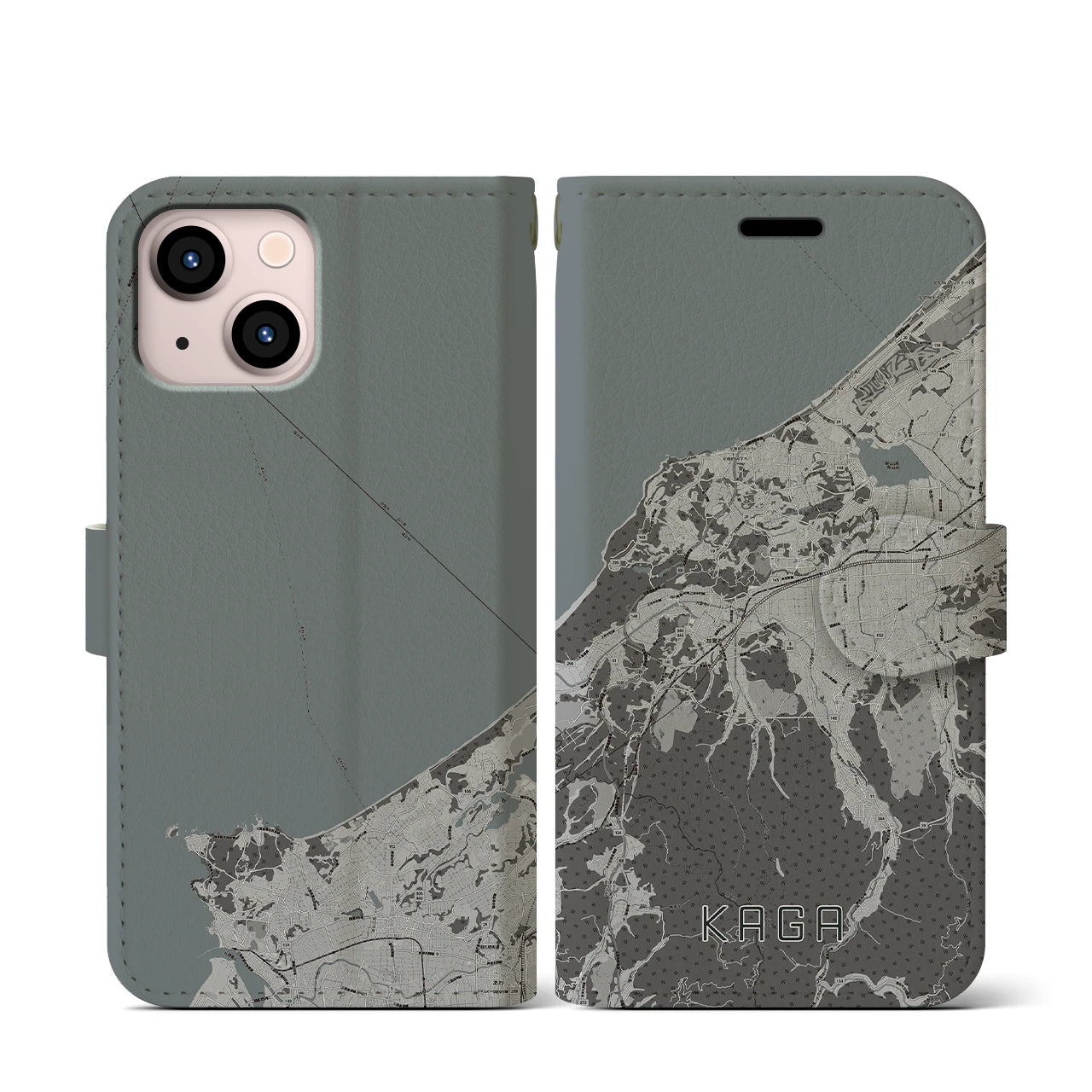 【加賀(石川県)】地図柄iPhoneケース(手帳タイプ)モノトーン・iPhone 13 mini 用