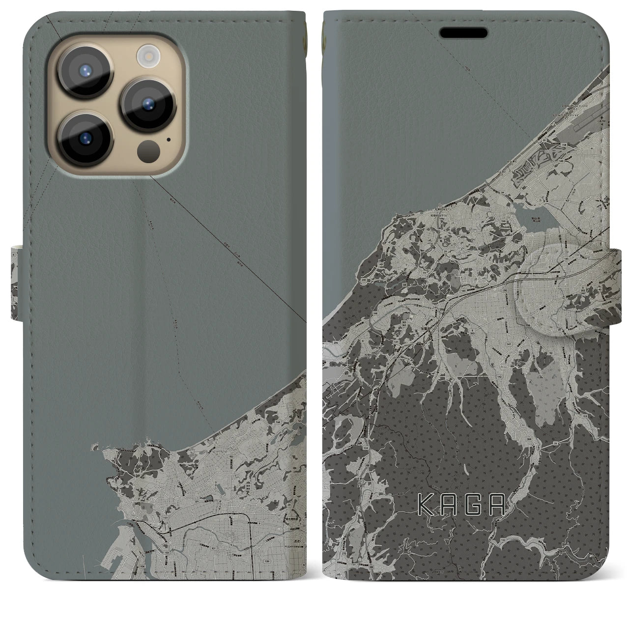 【加賀(石川県)】地図柄iPhoneケース(手帳タイプ)モノトーン・iPhone 14 Pro Max 用