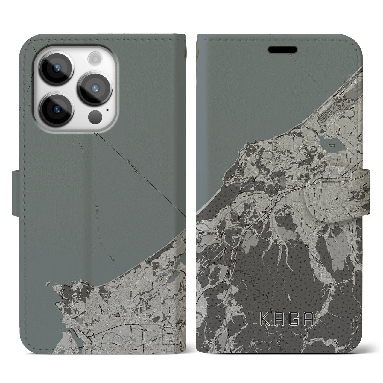 【加賀(石川県)】地図柄iPhoneケース(手帳タイプ)モノトーン・iPhone 14 Pro 用