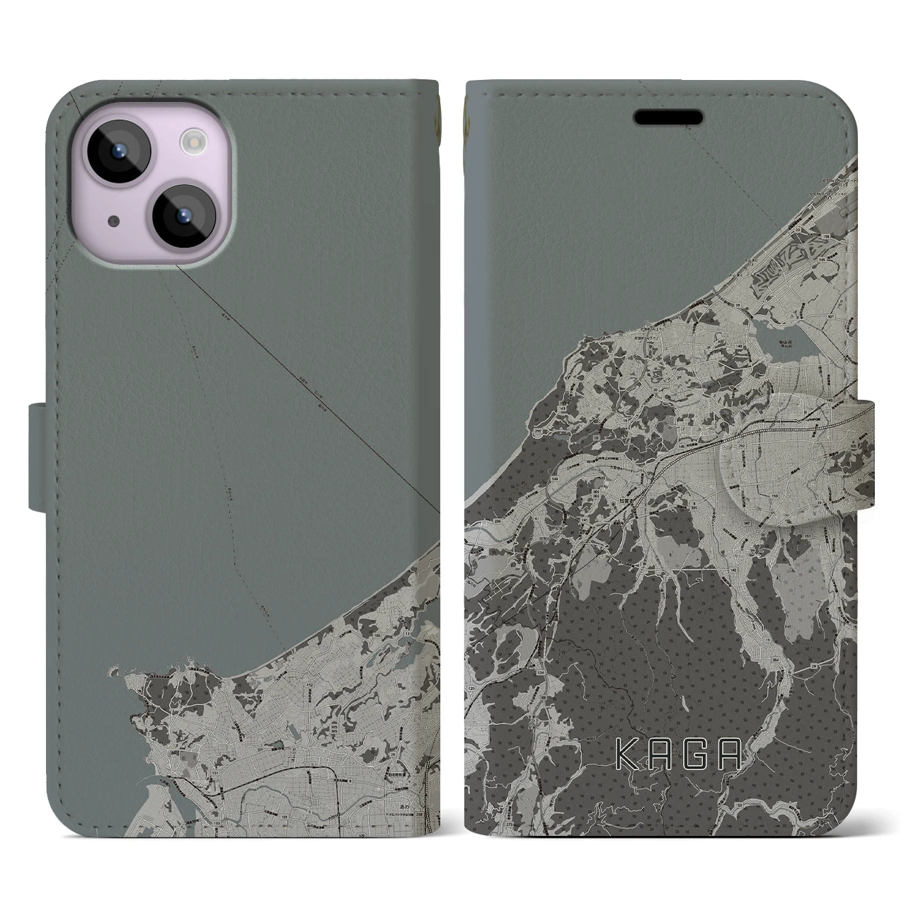 【加賀(石川県)】地図柄iPhoneケース(手帳タイプ)モノトーン・iPhone 14 用