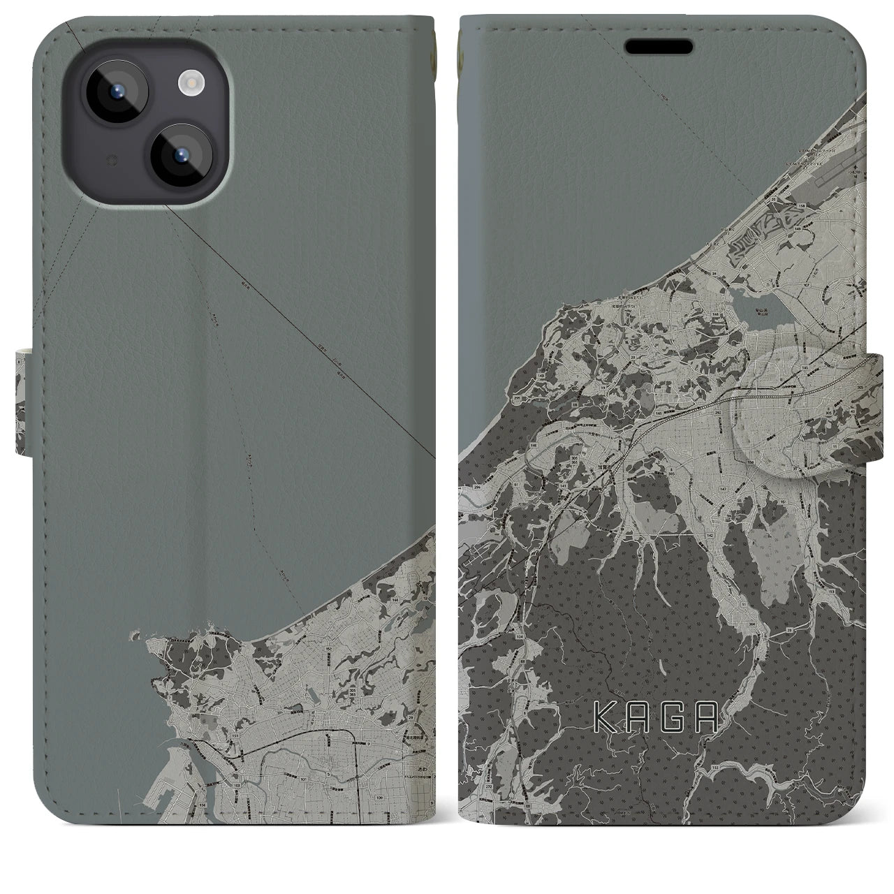 【加賀(石川県)】地図柄iPhoneケース(手帳タイプ)モノトーン・iPhone 14 Plus 用