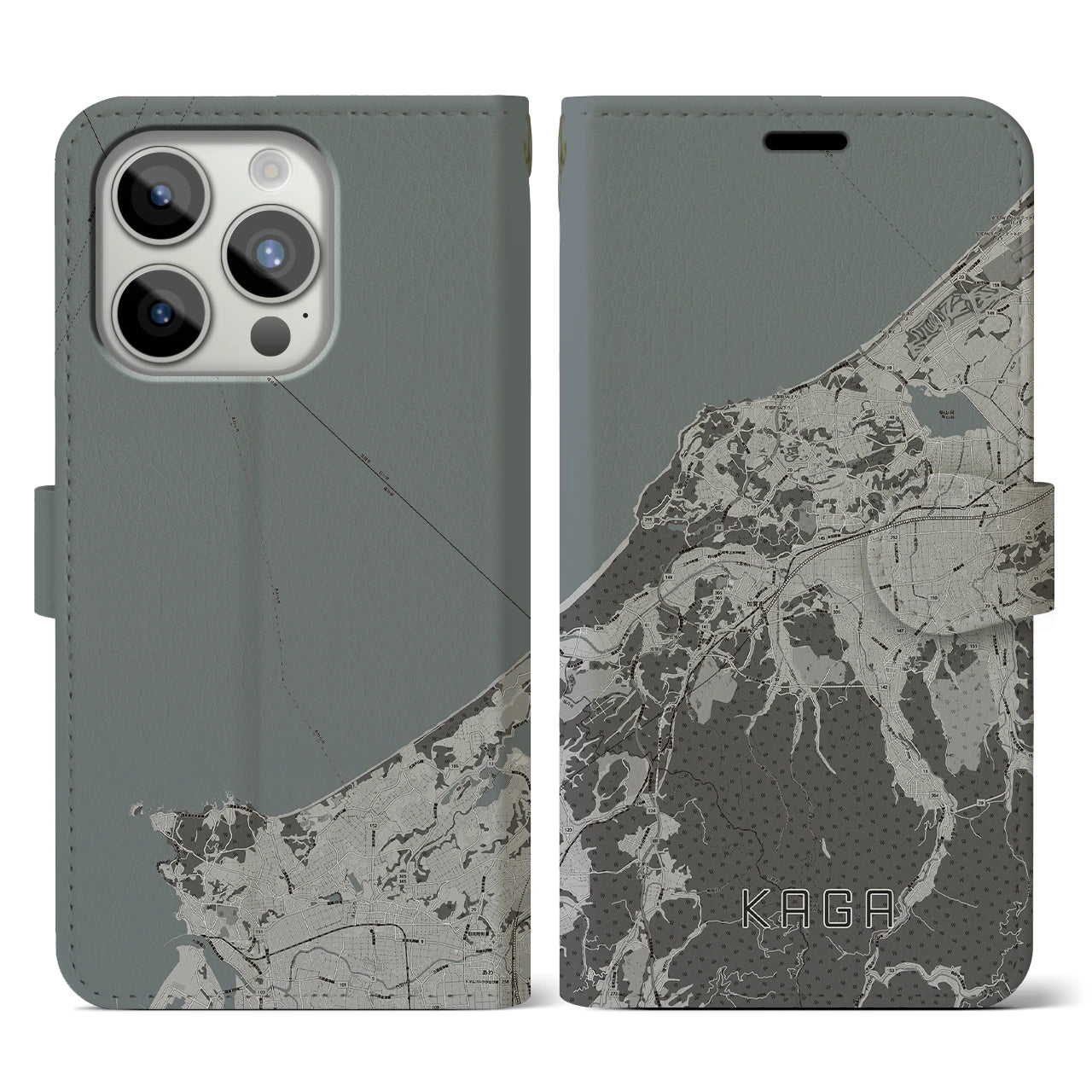 【加賀(石川県)】地図柄iPhoneケース(手帳タイプ)モノトーン・iPhone 15 Pro 用