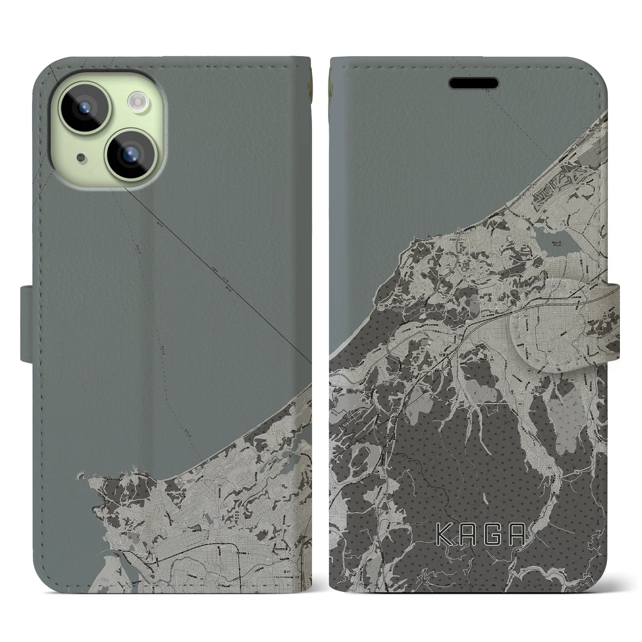 【加賀(石川県)】地図柄iPhoneケース(手帳タイプ)モノトーン・iPhone 15 用