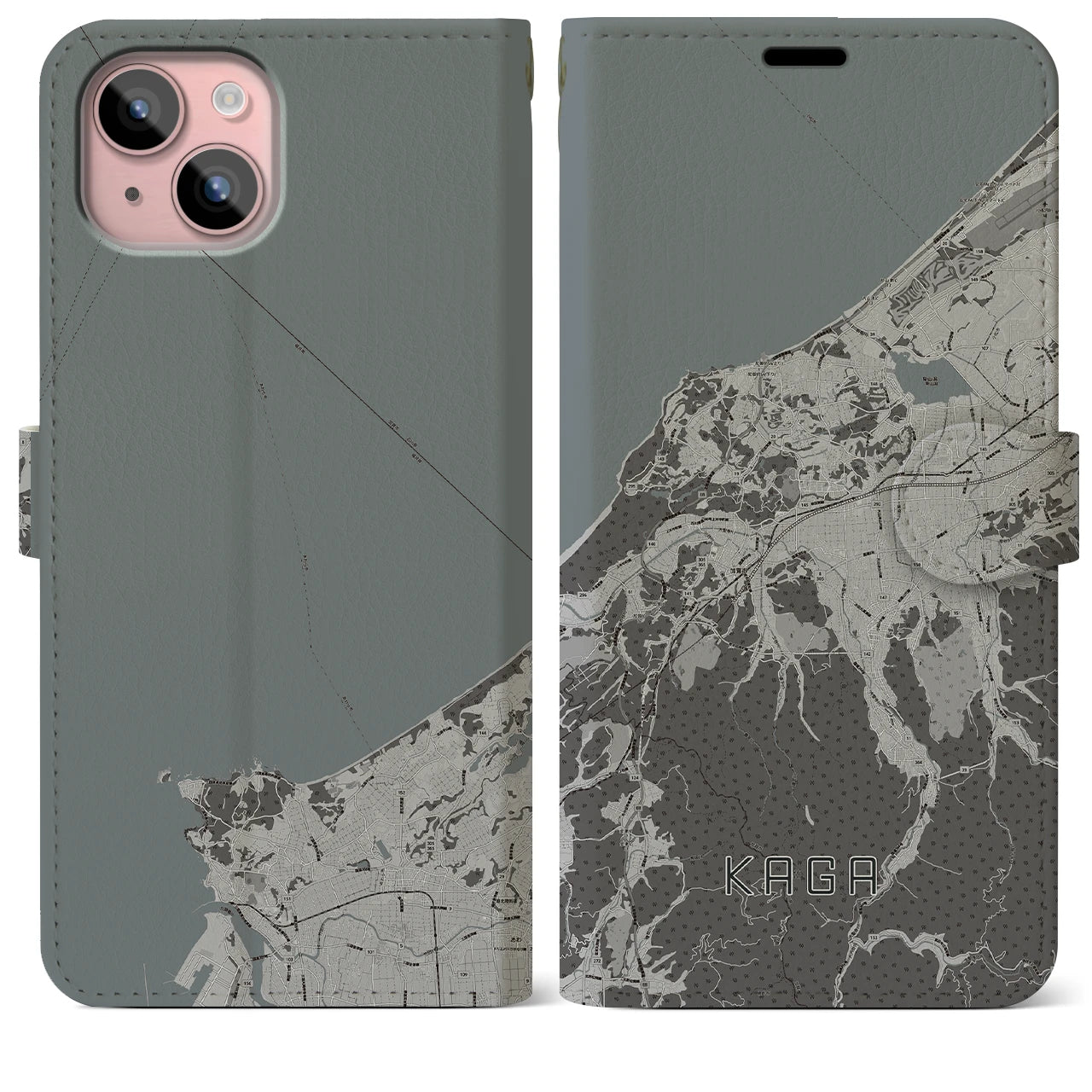 【加賀(石川県)】地図柄iPhoneケース(手帳タイプ)モノトーン・iPhone 15 Plus 用