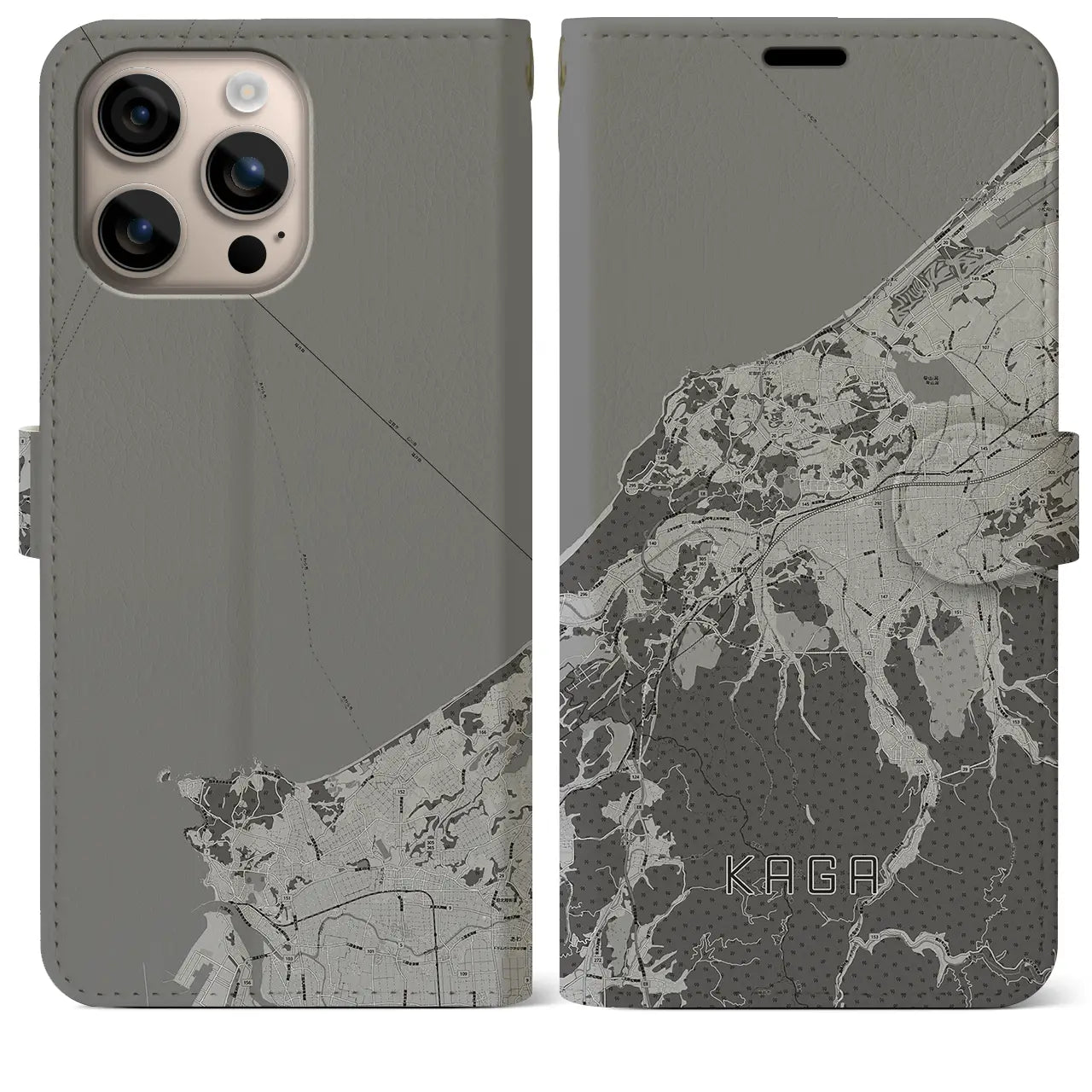 【加賀(石川県)】地図柄iPhoneケース(手帳タイプ)モノトーン・iPhone 16 Plus 用
