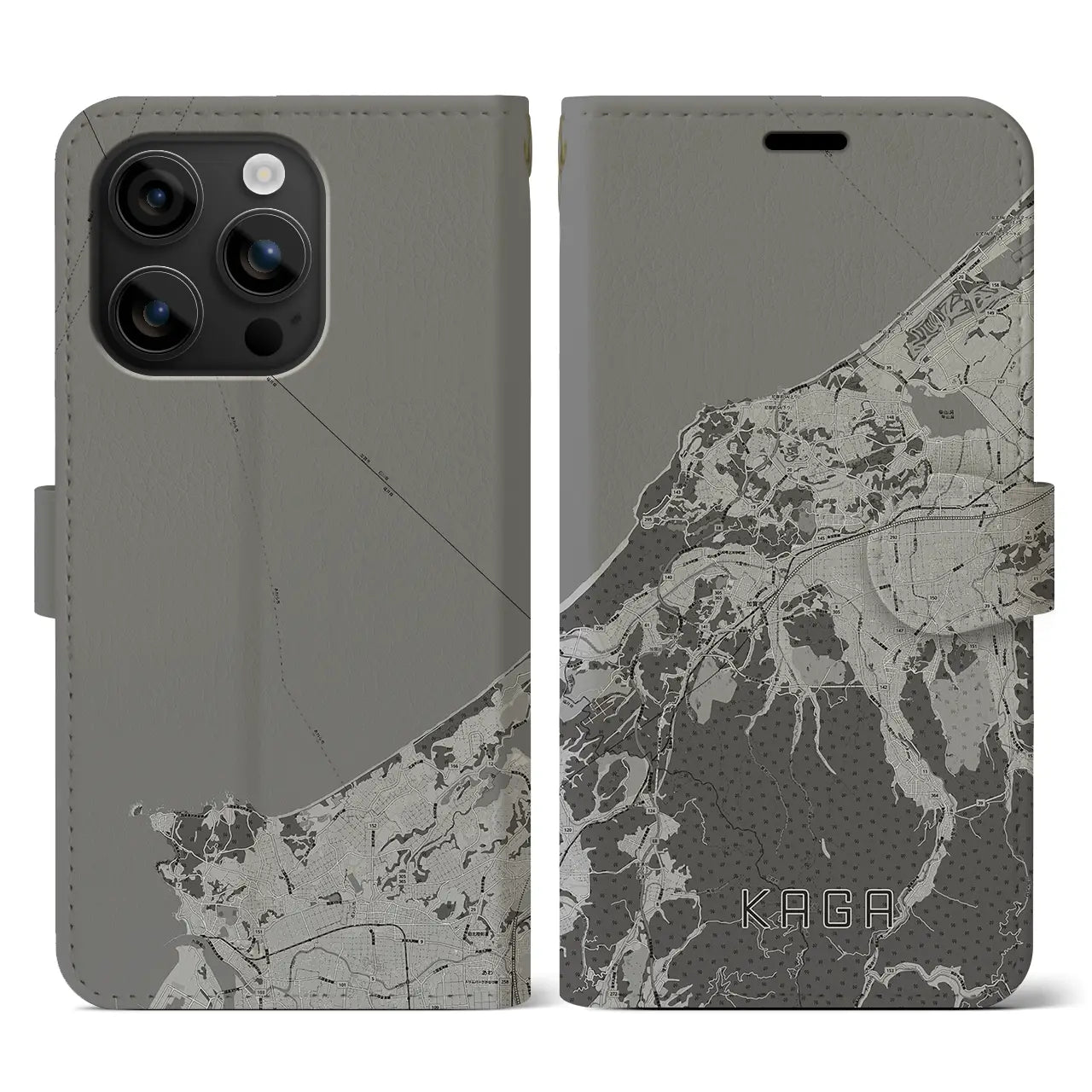 【加賀(石川県)】地図柄iPhoneケース(手帳タイプ)モノトーン・iPhone 16 用