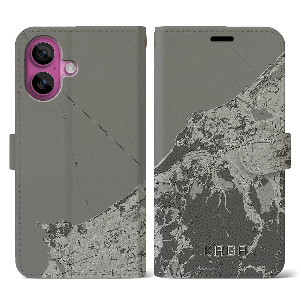 【加賀(石川県)】地図柄iPhoneケース(手帳タイプ)モノトーン・iPhone 16 Pro 用