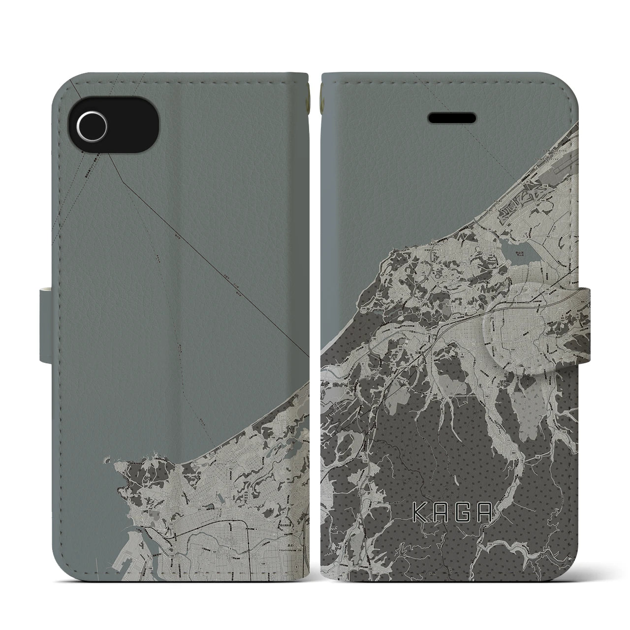 【加賀(石川県)】地図柄iPhoneケース(手帳タイプ)モノトーン・iPhone SE(第3 / 第2世代) / 8 / 7 / 6s / 6 用