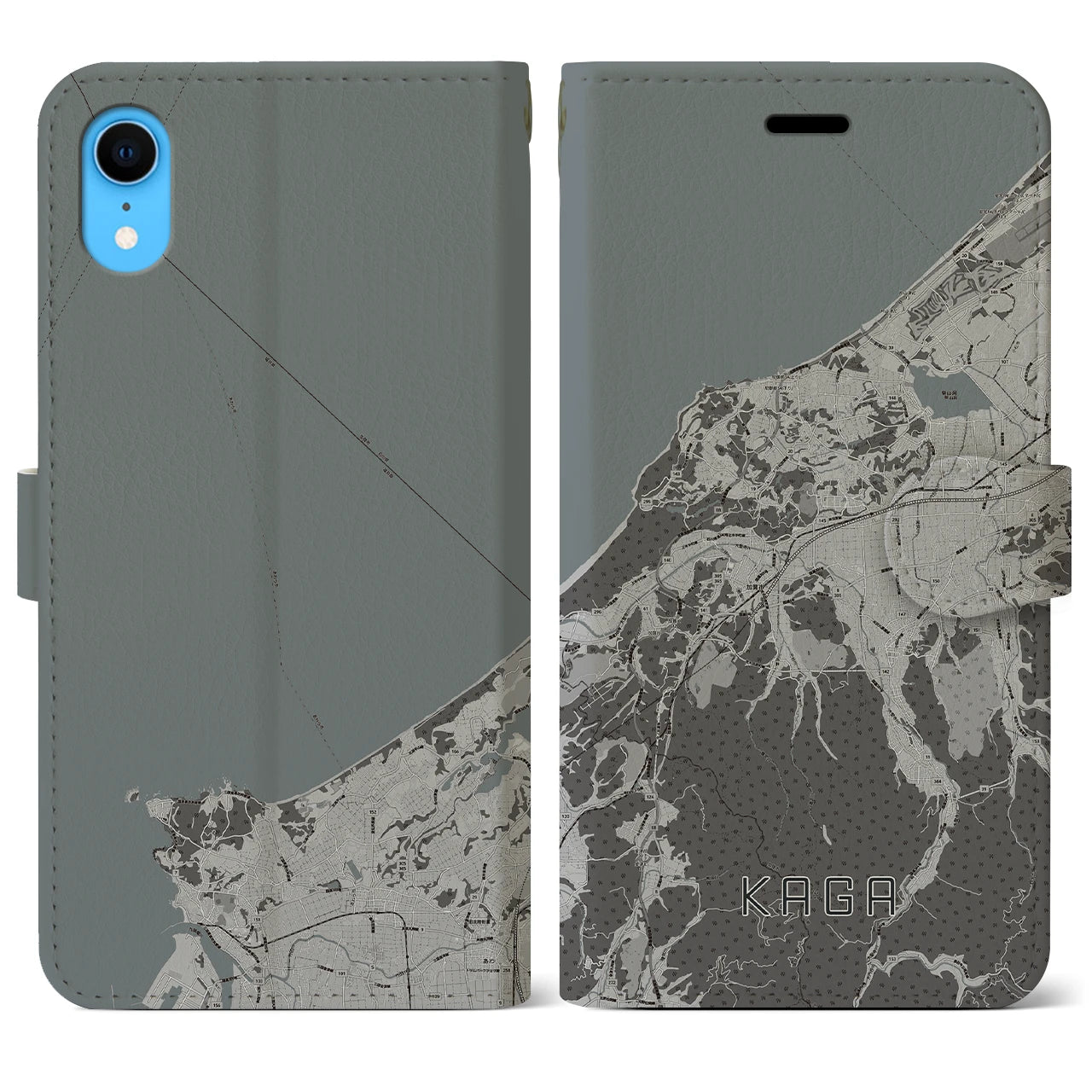 【加賀(石川県)】地図柄iPhoneケース(手帳タイプ)モノトーン・iPhone XR 用
