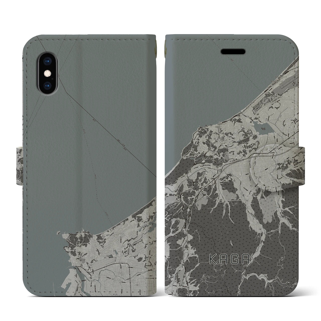 【加賀(石川県)】地図柄iPhoneケース(手帳タイプ)モノトーン・iPhone XS / X 用