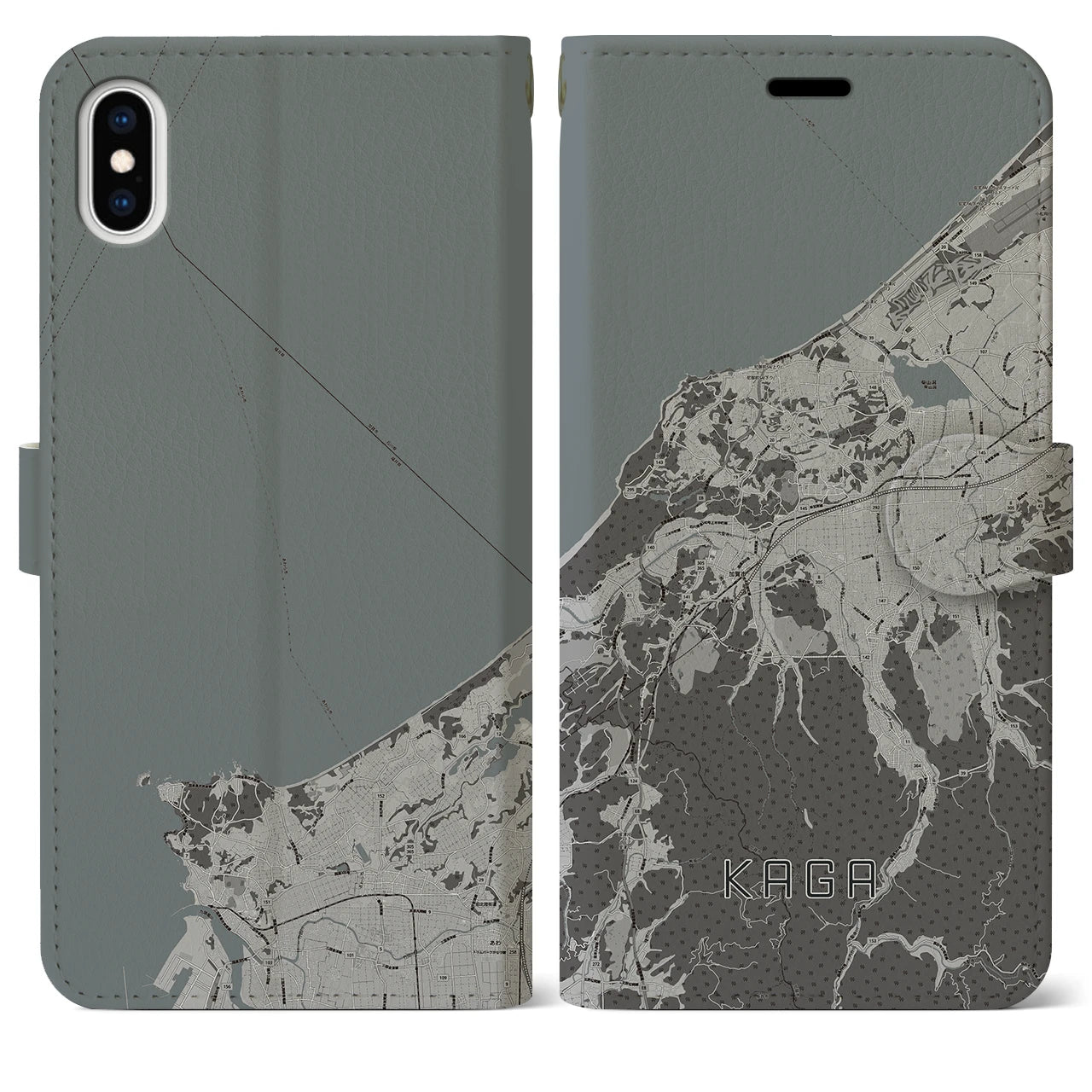 【加賀(石川県)】地図柄iPhoneケース(手帳タイプ)モノトーン・iPhone XS Max 用
