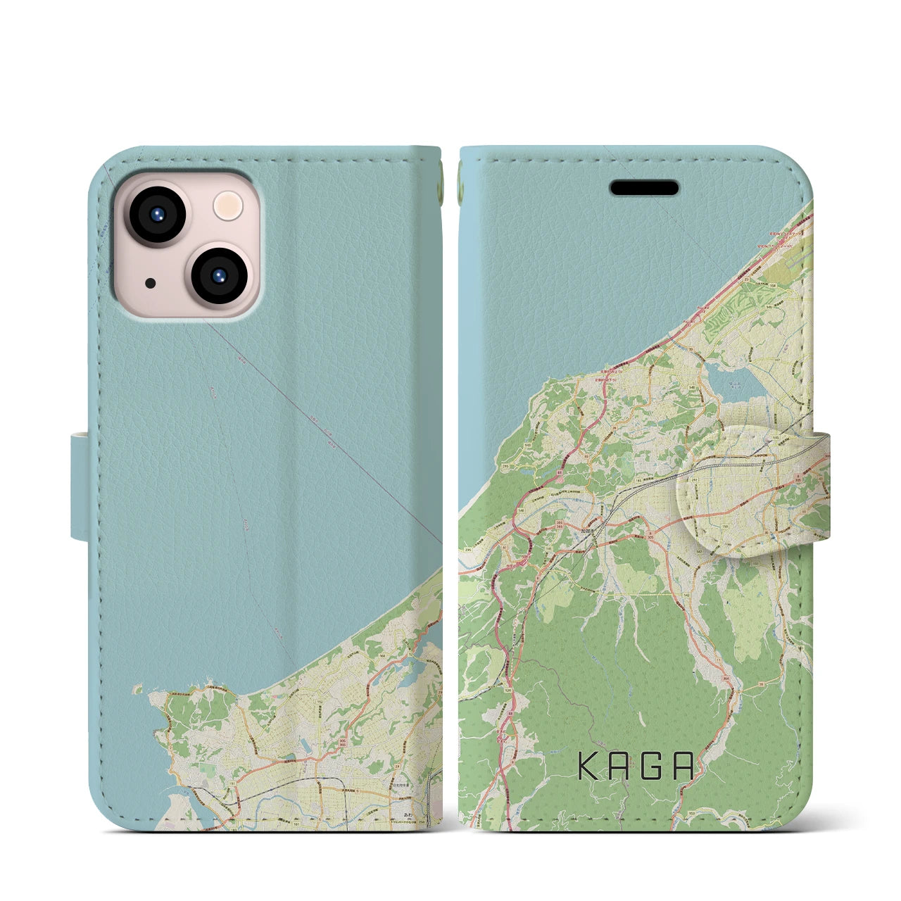 【加賀(石川県)】地図柄iPhoneケース(手帳タイプ)ナチュラル・iPhone 13 mini 用