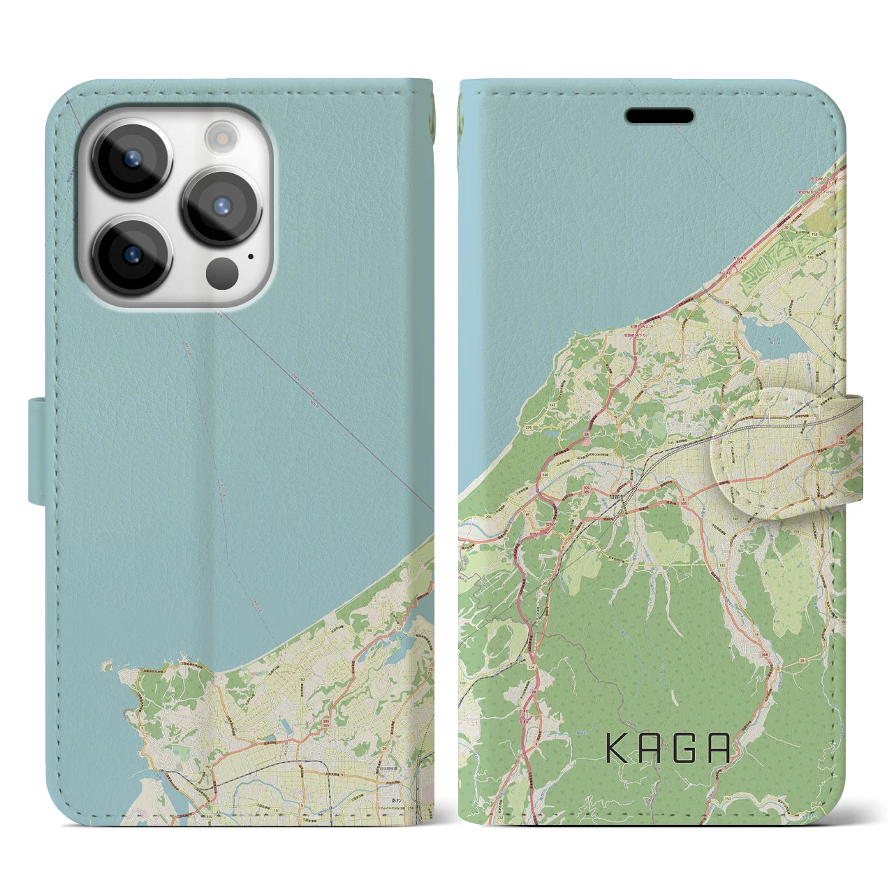 【加賀(石川県)】地図柄iPhoneケース(手帳タイプ)ナチュラル・iPhone 14 Pro 用