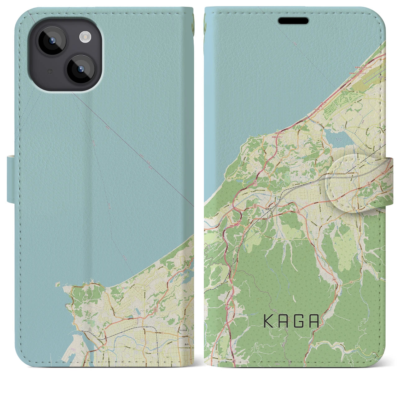【加賀(石川県)】地図柄iPhoneケース(手帳タイプ)ナチュラル・iPhone 14 Plus 用