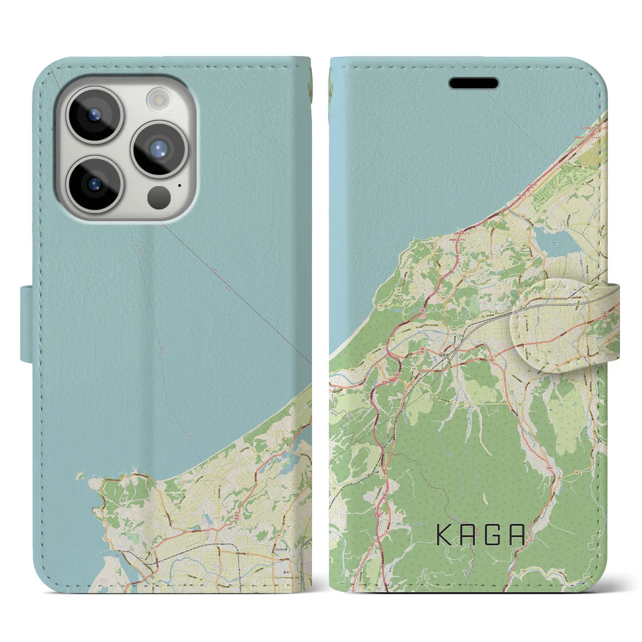 【加賀(石川県)】地図柄iPhoneケース(手帳タイプ)ナチュラル・iPhone 15 Pro 用