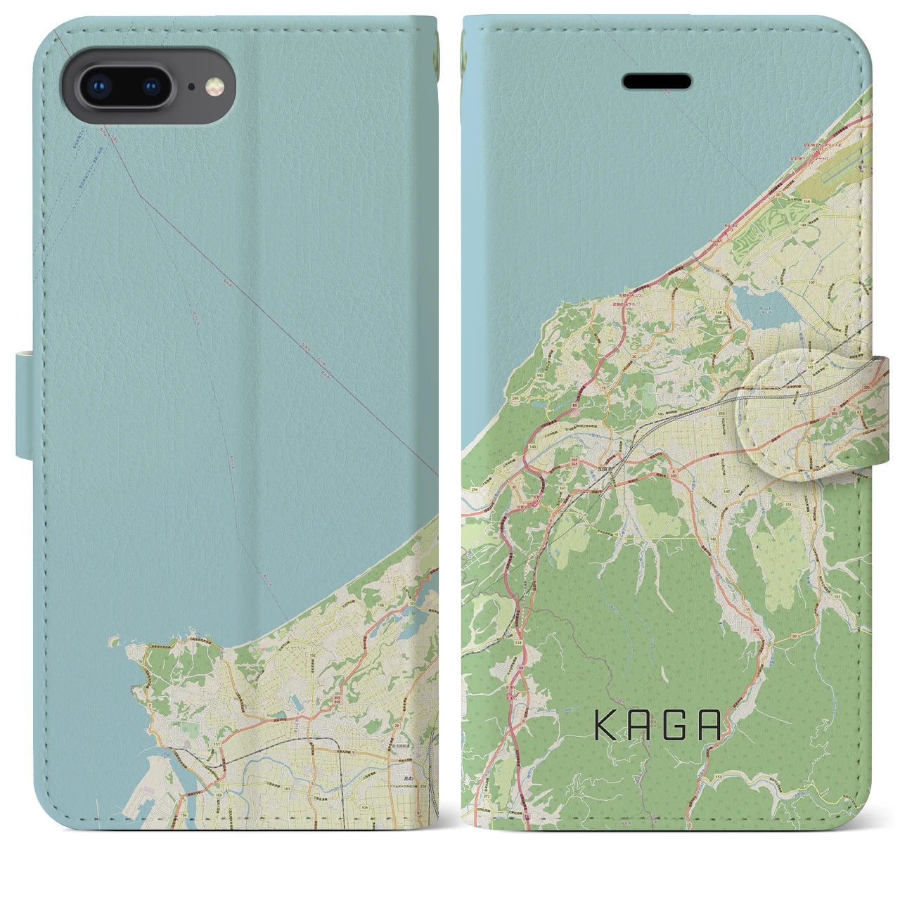 【加賀(石川県)】地図柄iPhoneケース(手帳タイプ)ナチュラル・iPhone 8Plus /7Plus / 6sPlus / 6Plus 用