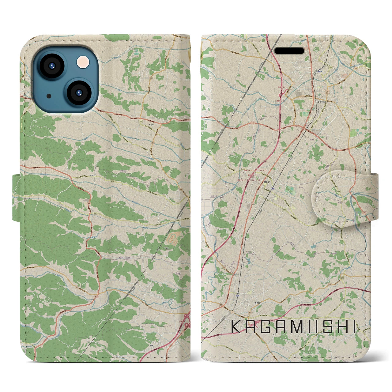 【鏡石(福島県)】地図柄iPhoneケース(手帳タイプ)ナチュラル・iPhone 13 用