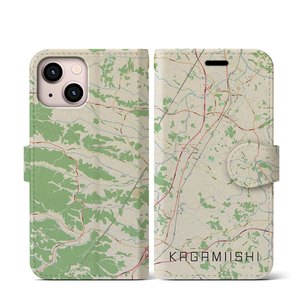 【鏡石(福島県)】地図柄iPhoneケース(手帳タイプ)ナチュラル・iPhone 13 mini 用