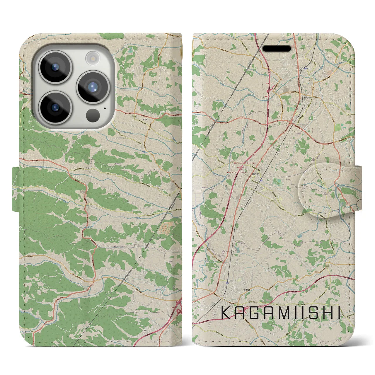 【鏡石(福島県)】地図柄iPhoneケース(手帳タイプ)ナチュラル・iPhone 15 Pro 用