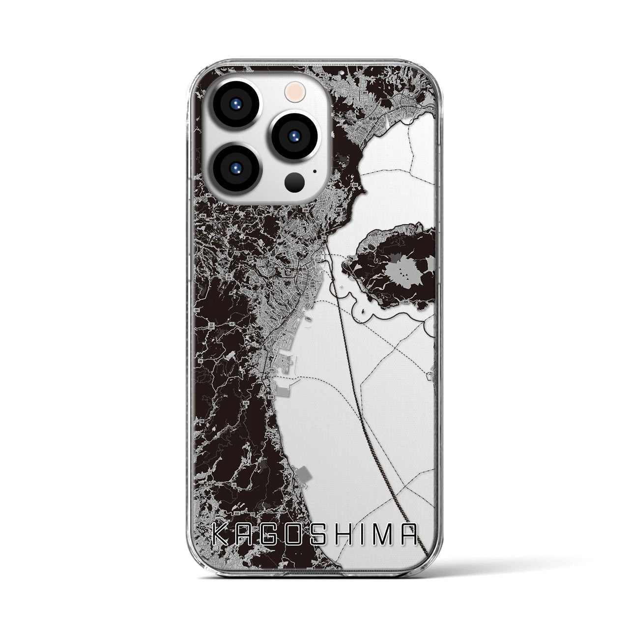 【鹿児島2(鹿児島県)】地図柄iPhoneケース(クリアタイプ)モノトーン・iPhone 13 Pro 用