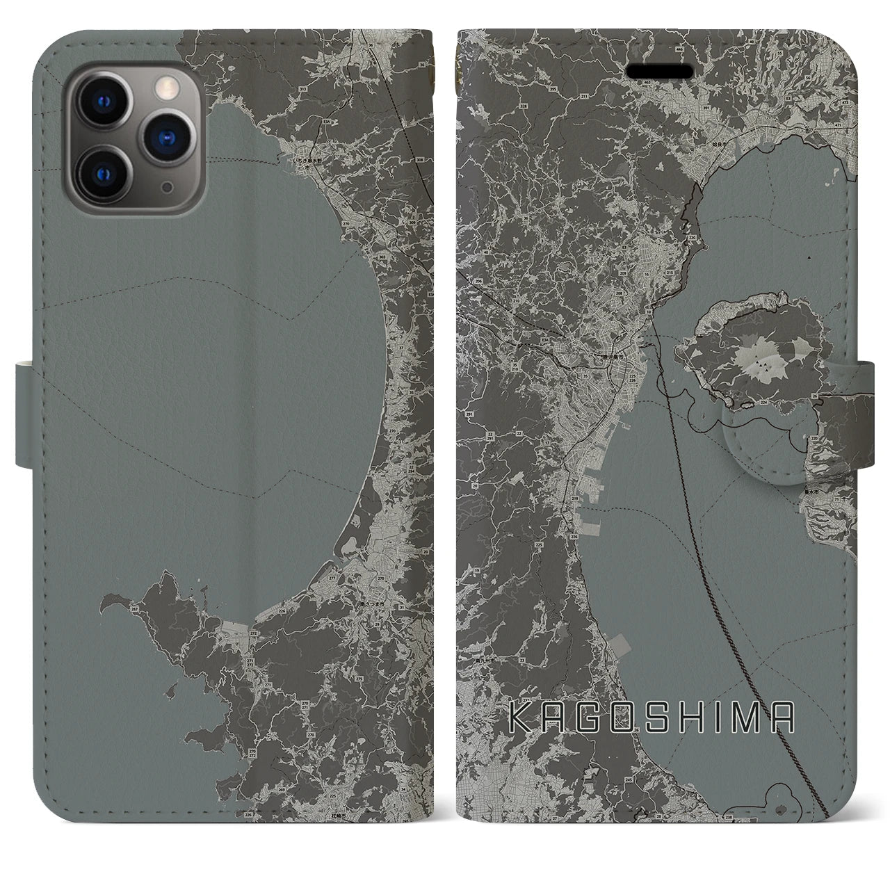 【鹿児島2(鹿児島県)】地図柄iPhoneケース(手帳タイプ)モノトーン・iPhone 11 Pro Max 用