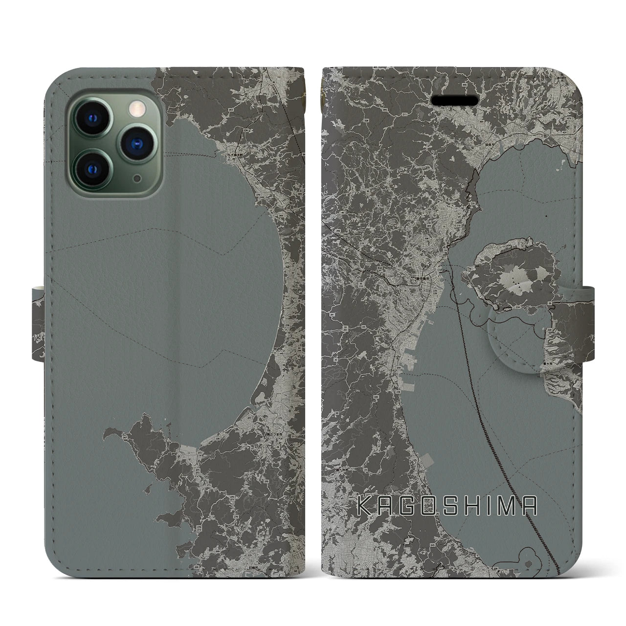 【鹿児島2(鹿児島県)】地図柄iPhoneケース(手帳タイプ)モノトーン・iPhone 11 Pro 用