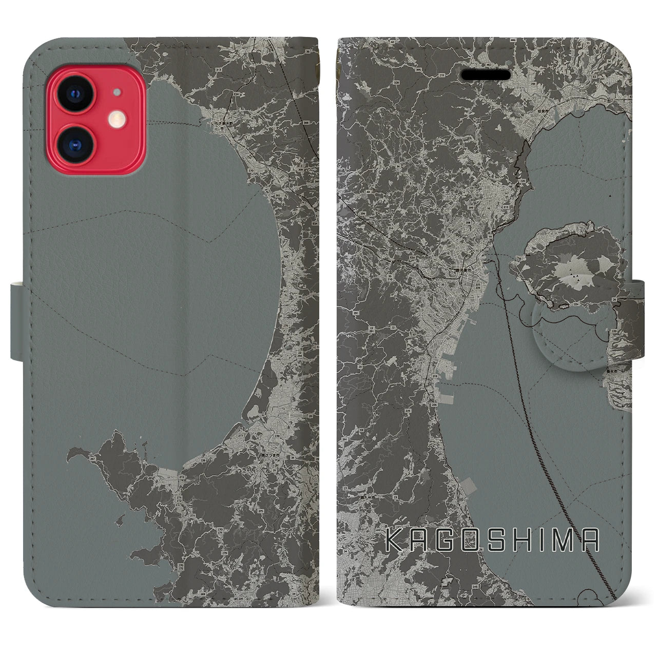 【鹿児島2(鹿児島県)】地図柄iPhoneケース(手帳タイプ)モノトーン・iPhone 11 用