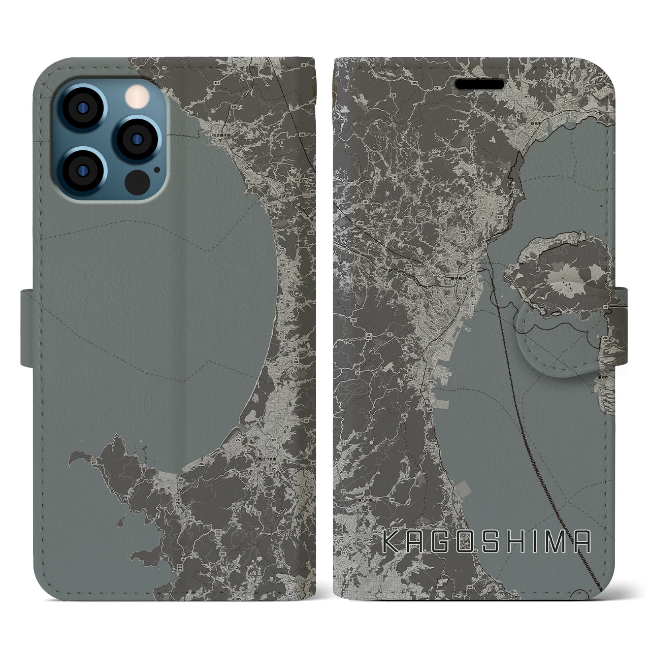 【鹿児島2(鹿児島県)】地図柄iPhoneケース(手帳タイプ)モノトーン・iPhone 12 / 12 Pro 用