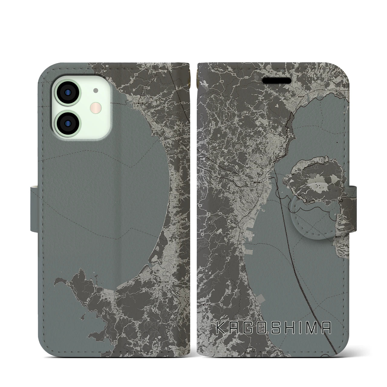 【鹿児島2(鹿児島県)】地図柄iPhoneケース(手帳タイプ)モノトーン・iPhone 12 mini 用