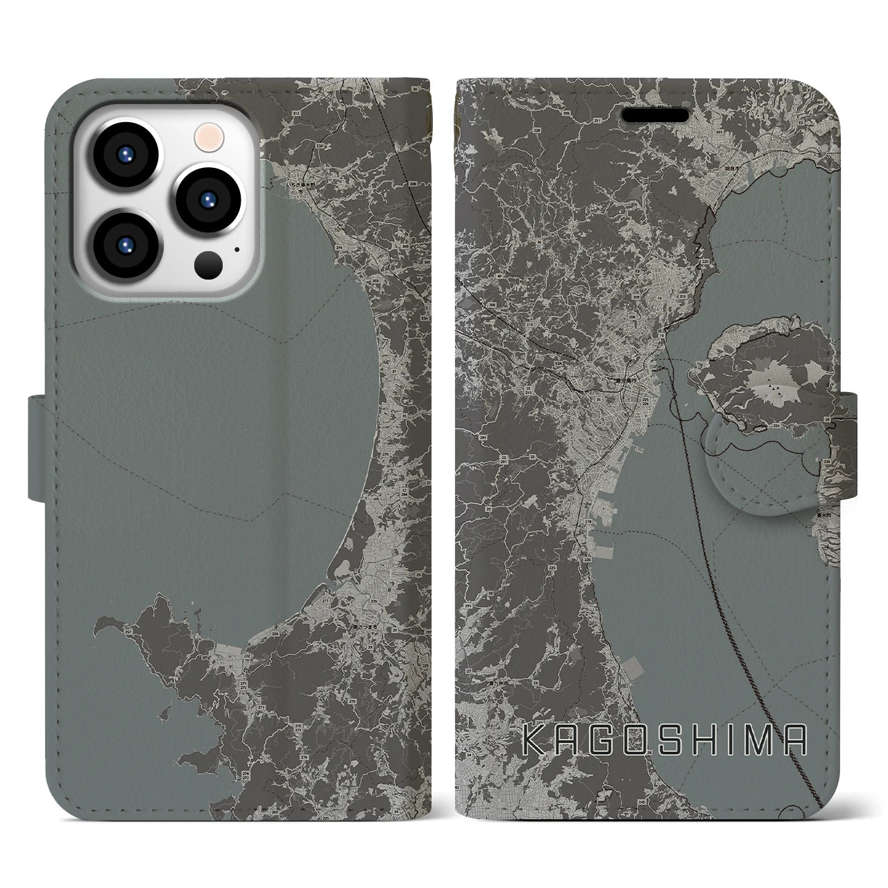 【鹿児島2(鹿児島県)】地図柄iPhoneケース(手帳タイプ)モノトーン・iPhone 13 Pro 用