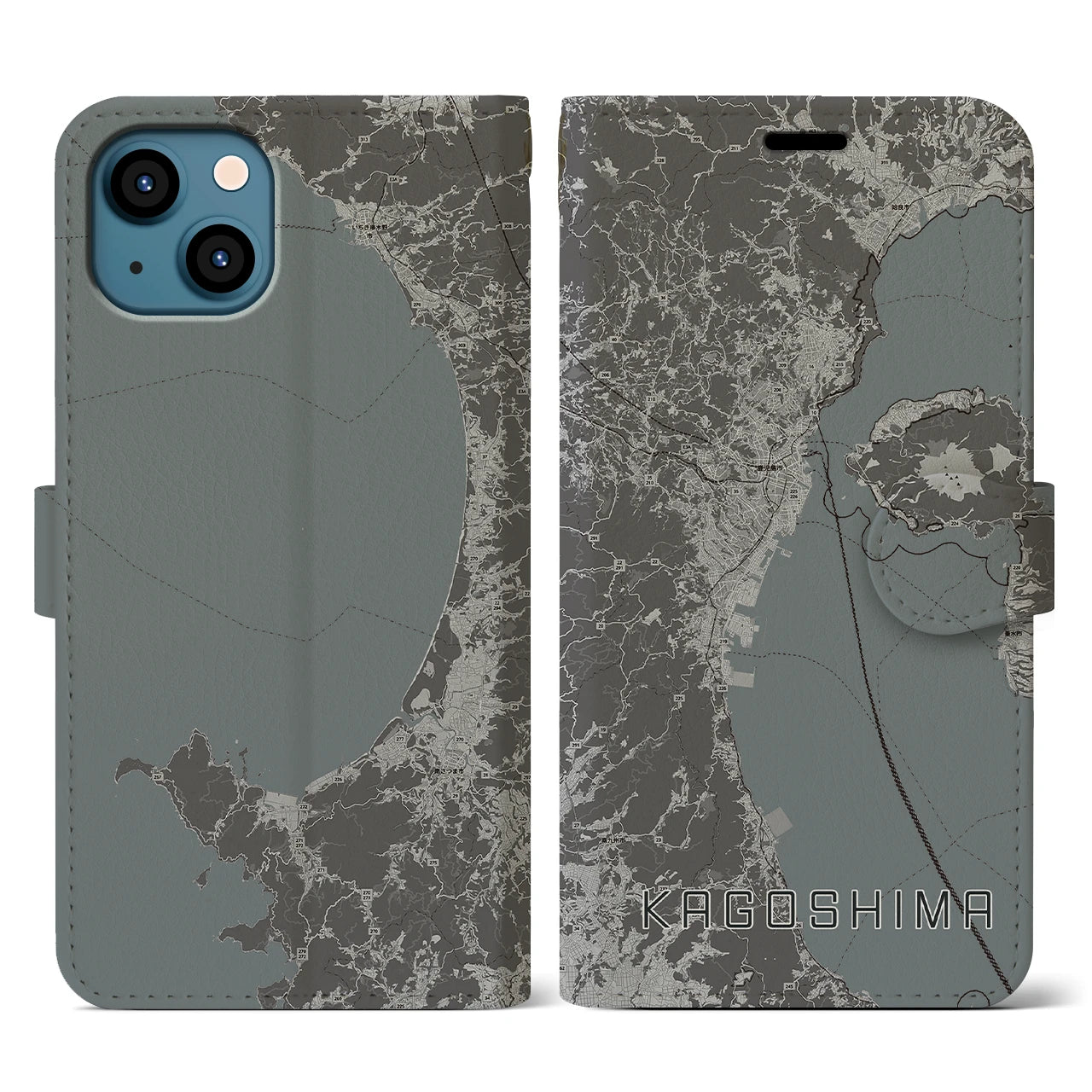 【鹿児島2(鹿児島県)】地図柄iPhoneケース(手帳タイプ)モノトーン・iPhone 13 用