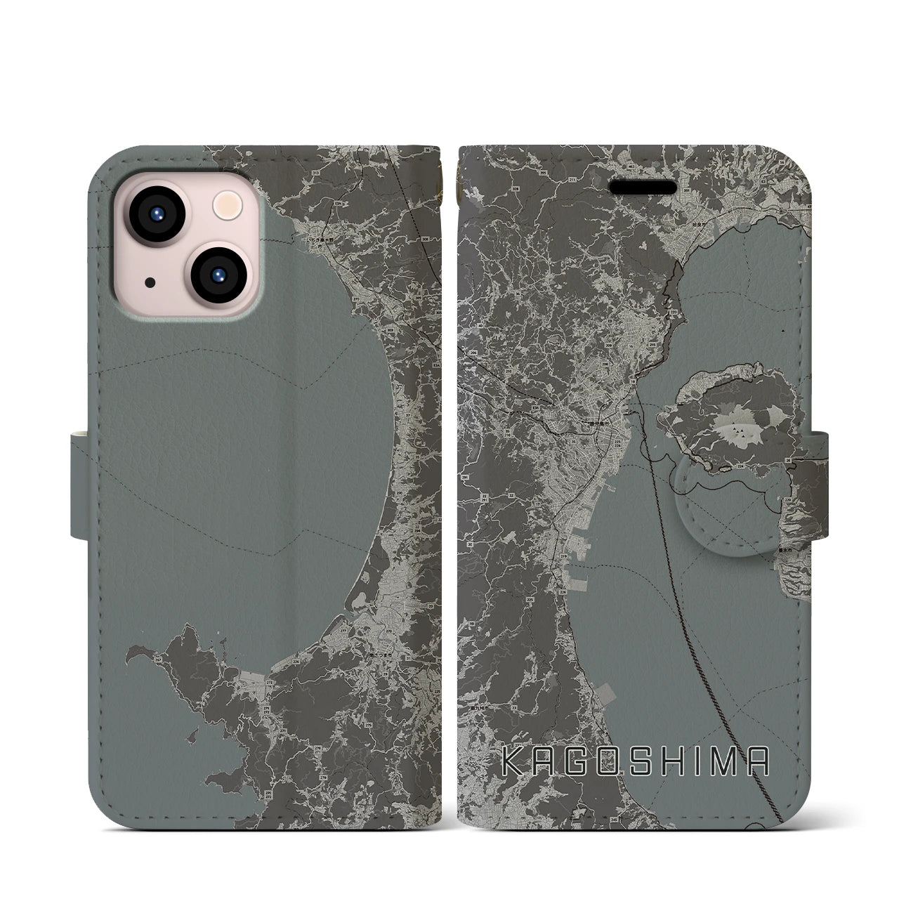 【鹿児島2(鹿児島県)】地図柄iPhoneケース(手帳タイプ)モノトーン・iPhone 13 mini 用