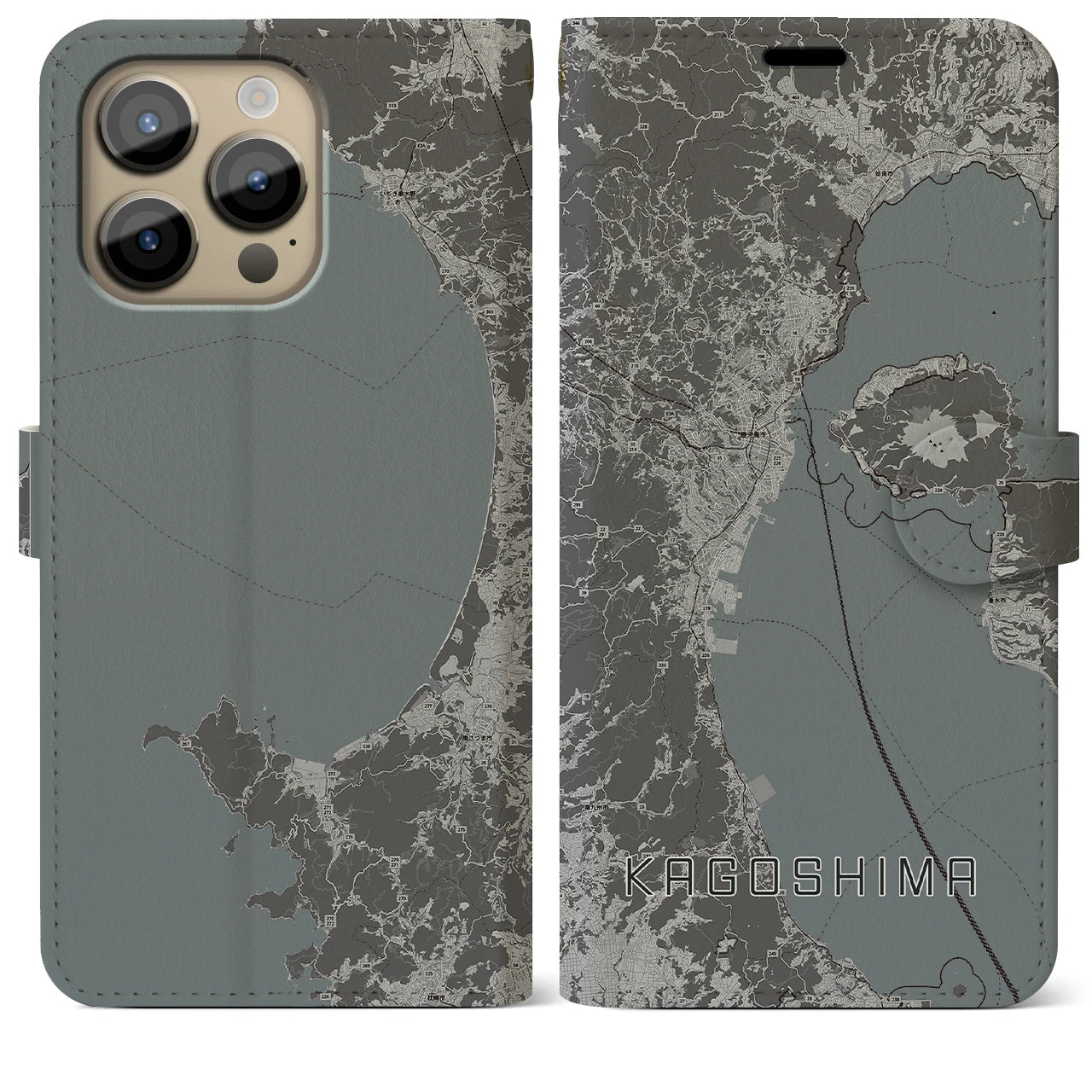 【鹿児島2(鹿児島県)】地図柄iPhoneケース(手帳タイプ)モノトーン・iPhone 14 Pro Max 用