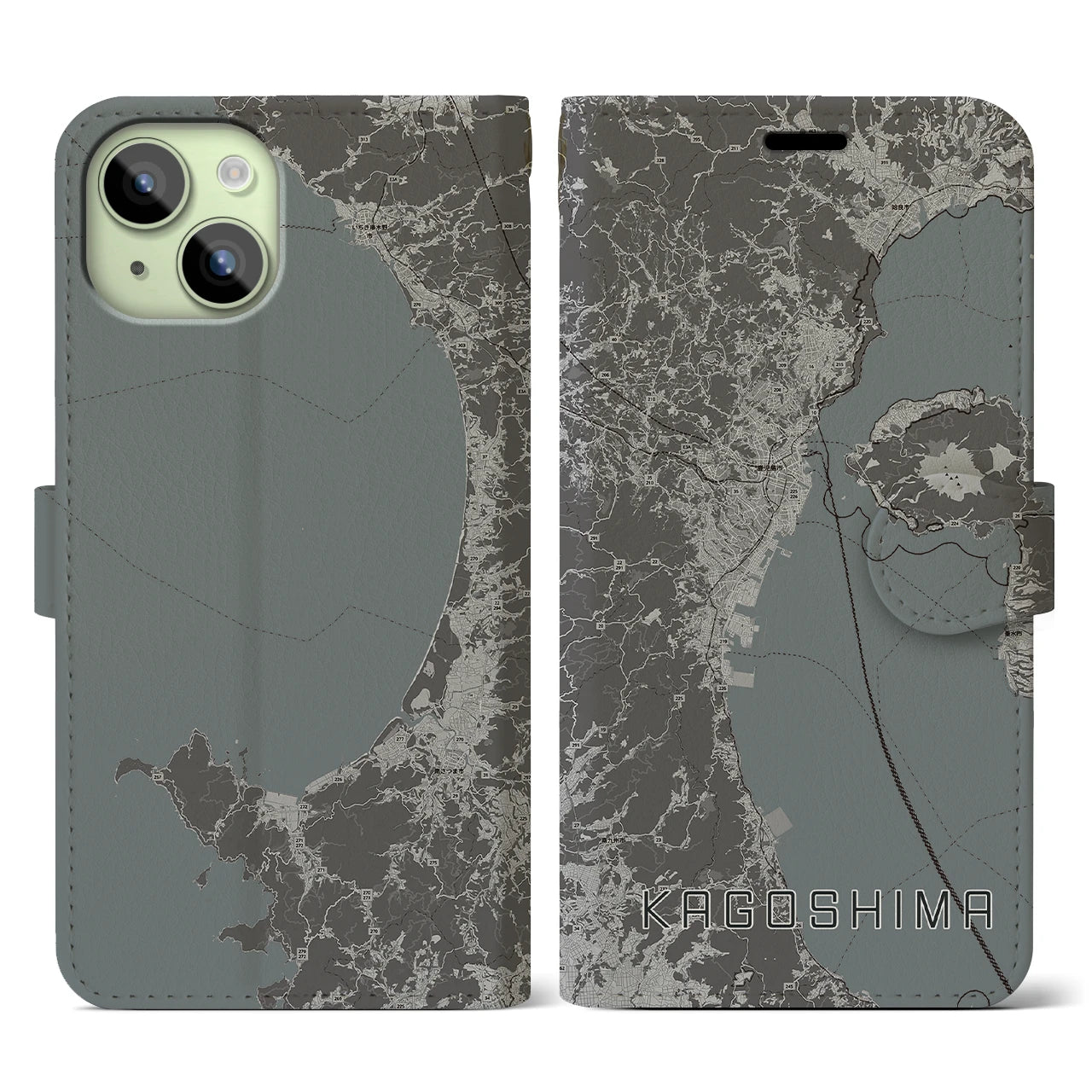 【鹿児島2(鹿児島県)】地図柄iPhoneケース(手帳タイプ)モノトーン・iPhone 15 用