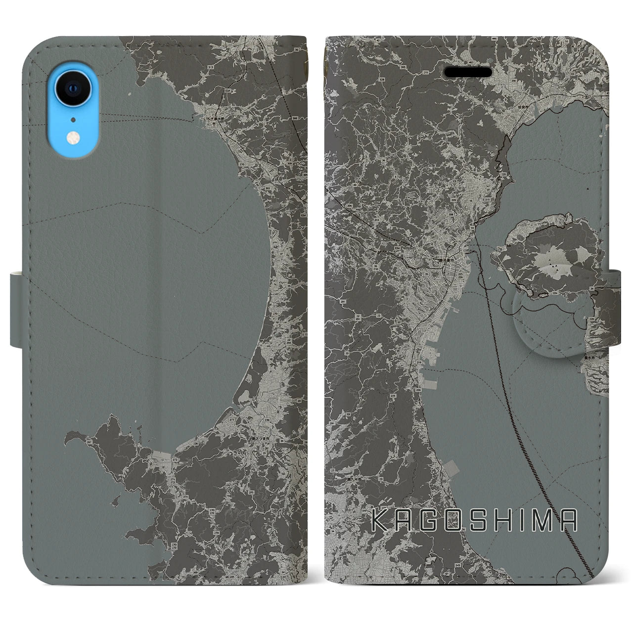 【鹿児島2(鹿児島県)】地図柄iPhoneケース(手帳タイプ)モノトーン・iPhone XR 用