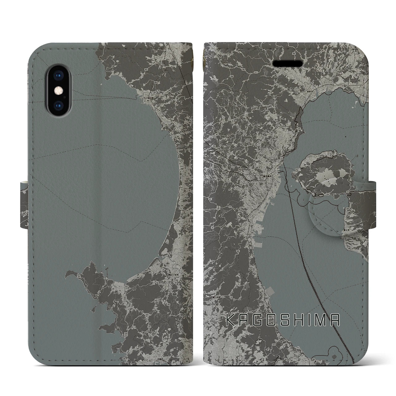 【鹿児島2(鹿児島県)】地図柄iPhoneケース(手帳タイプ)モノトーン・iPhone XS / X 用
