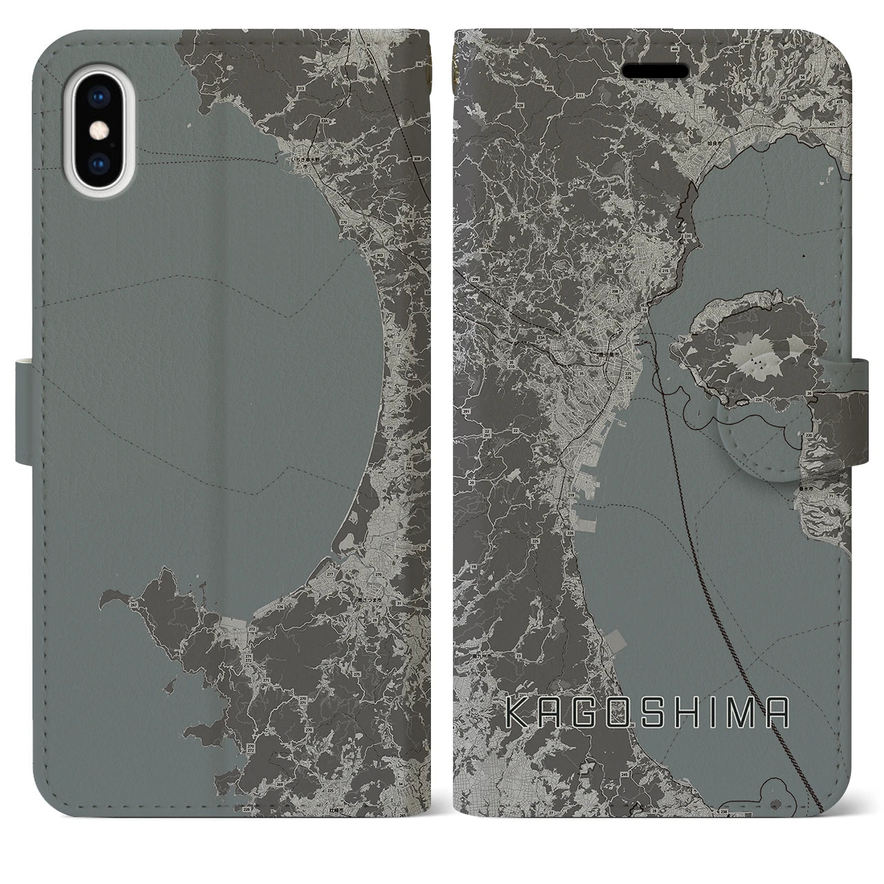 【鹿児島2(鹿児島県)】地図柄iPhoneケース(手帳タイプ)モノトーン・iPhone XS Max 用