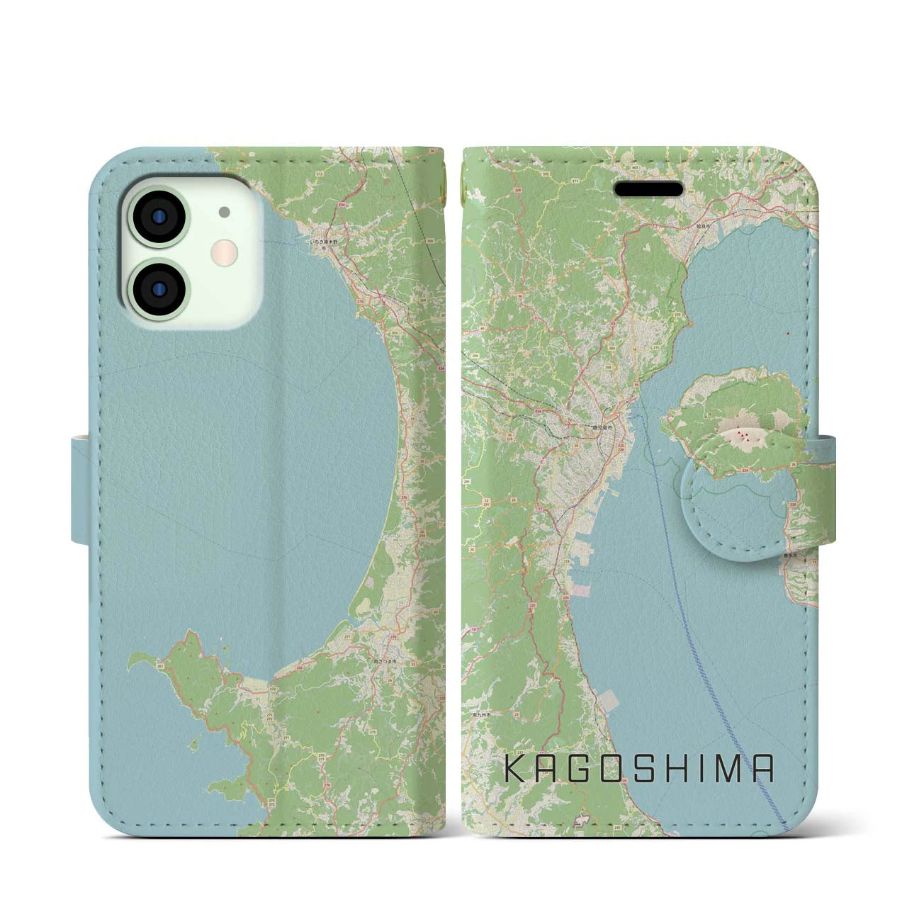 【鹿児島2(鹿児島県)】地図柄iPhoneケース(手帳タイプ)ナチュラル・iPhone 12 mini 用