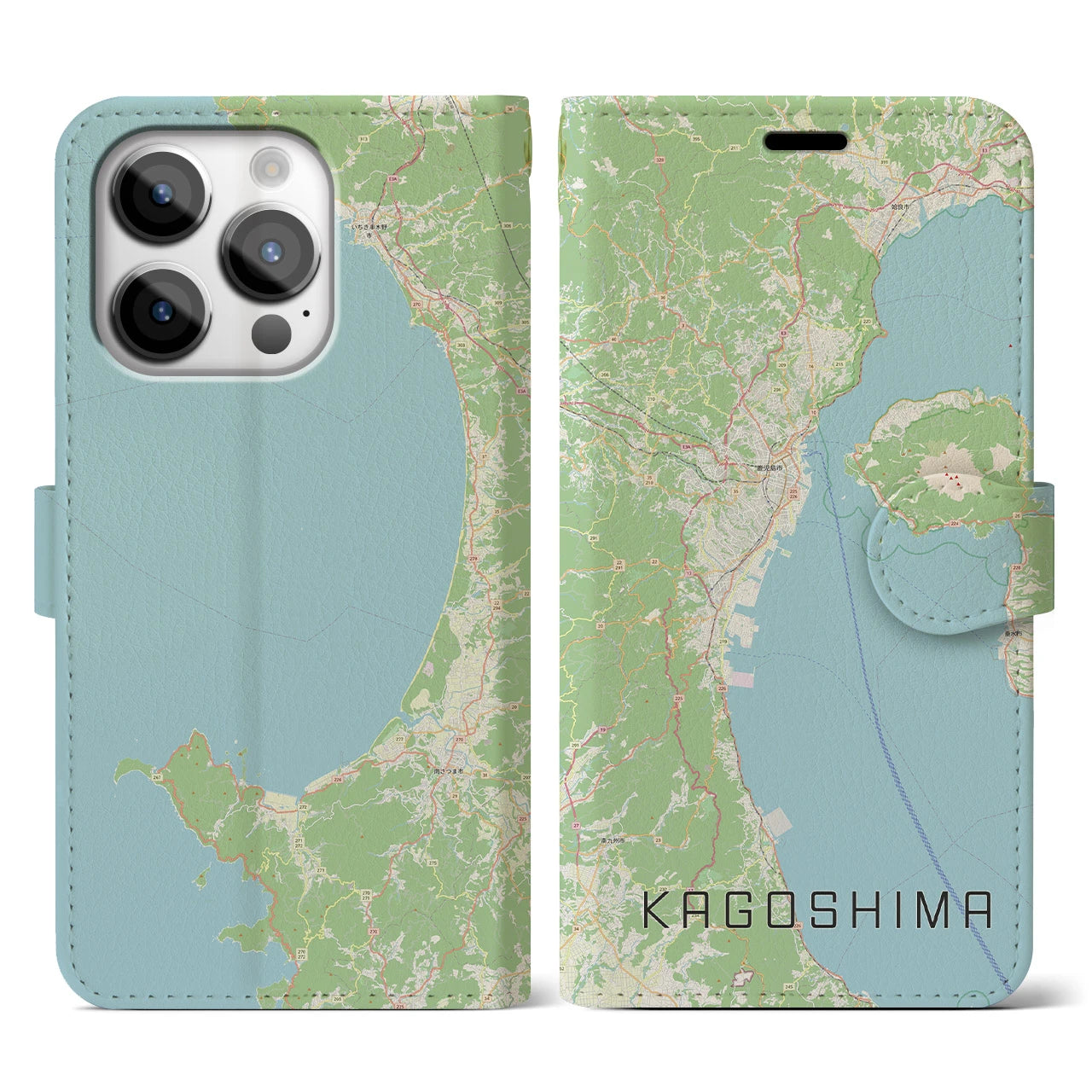 【鹿児島2(鹿児島県)】地図柄iPhoneケース(手帳タイプ)ナチュラル・iPhone 14 Pro 用