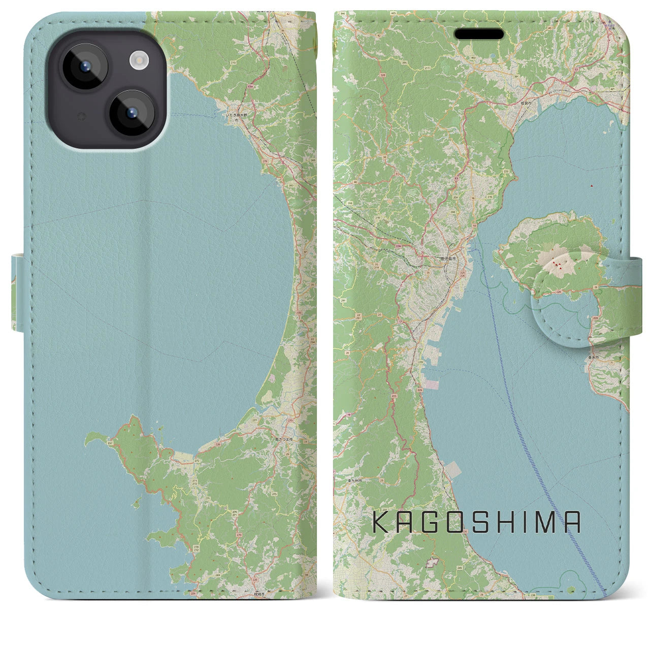 【鹿児島2(鹿児島県)】地図柄iPhoneケース(手帳タイプ)ナチュラル・iPhone 14 Plus 用
