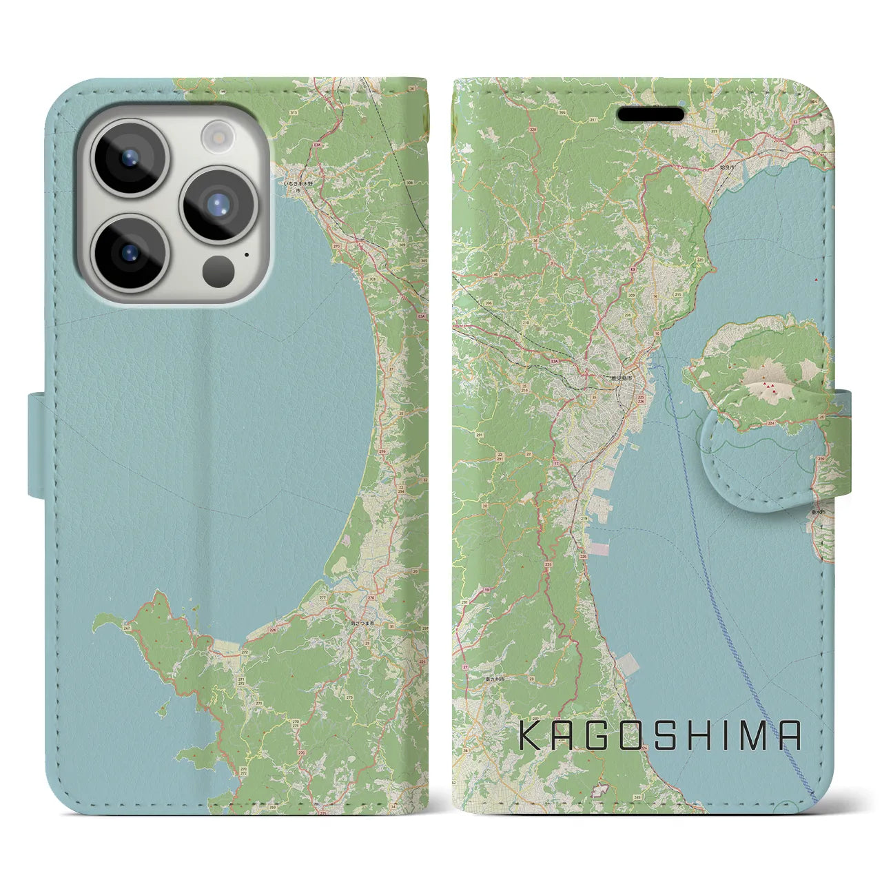 【鹿児島2(鹿児島県)】地図柄iPhoneケース(手帳タイプ)ナチュラル・iPhone 15 Pro 用