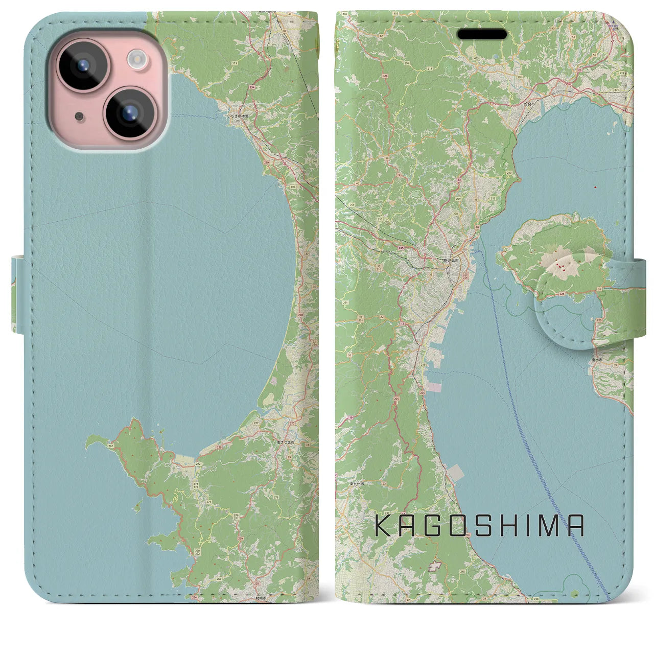 【鹿児島2(鹿児島県)】地図柄iPhoneケース(手帳タイプ)ナチュラル・iPhone 15 Plus 用