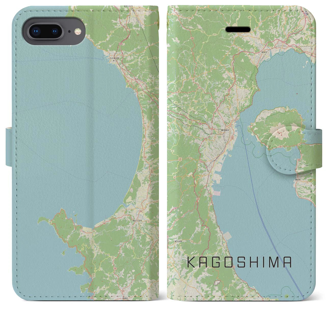 【鹿児島2(鹿児島県)】地図柄iPhoneケース(手帳タイプ)ナチュラル・iPhone 8Plus /7Plus / 6sPlus / 6Plus 用
