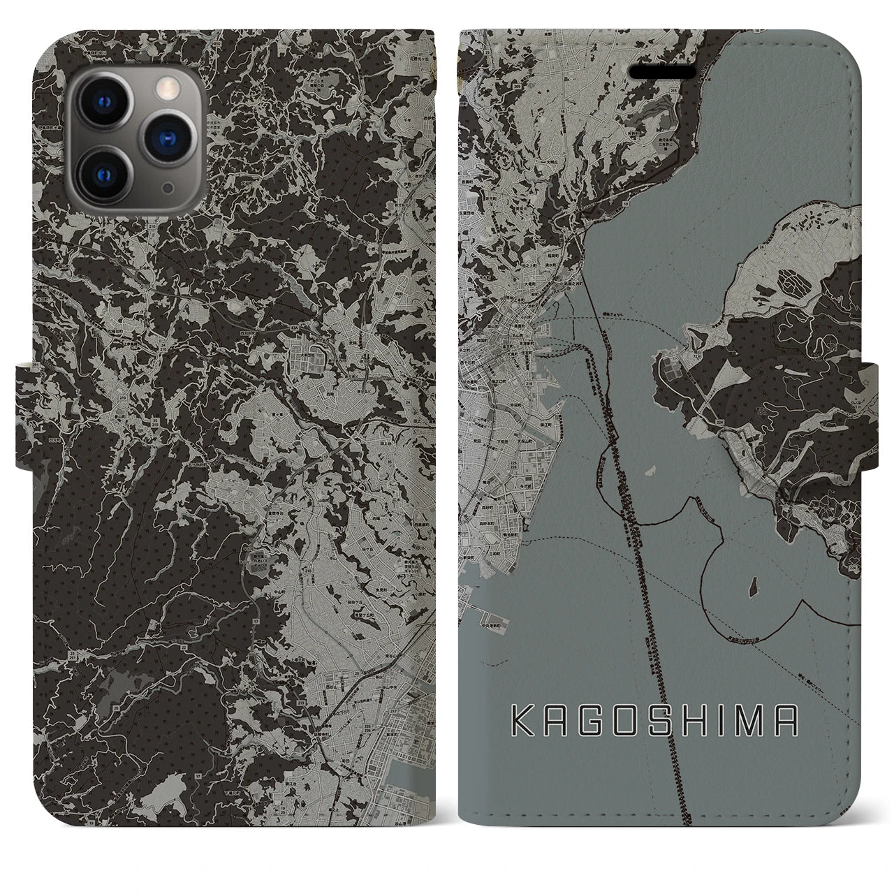 【鹿児島(鹿児島県)】地図柄iPhoneケース(手帳タイプ)モノトーン・iPhone 11 Pro Max 用