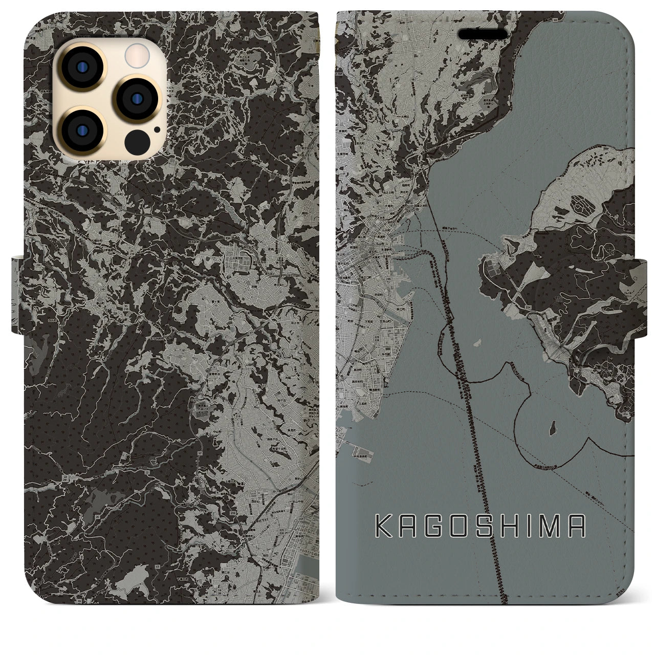 【鹿児島(鹿児島県)】地図柄iPhoneケース(手帳タイプ)モノトーン・iPhone 12 Pro Max 用