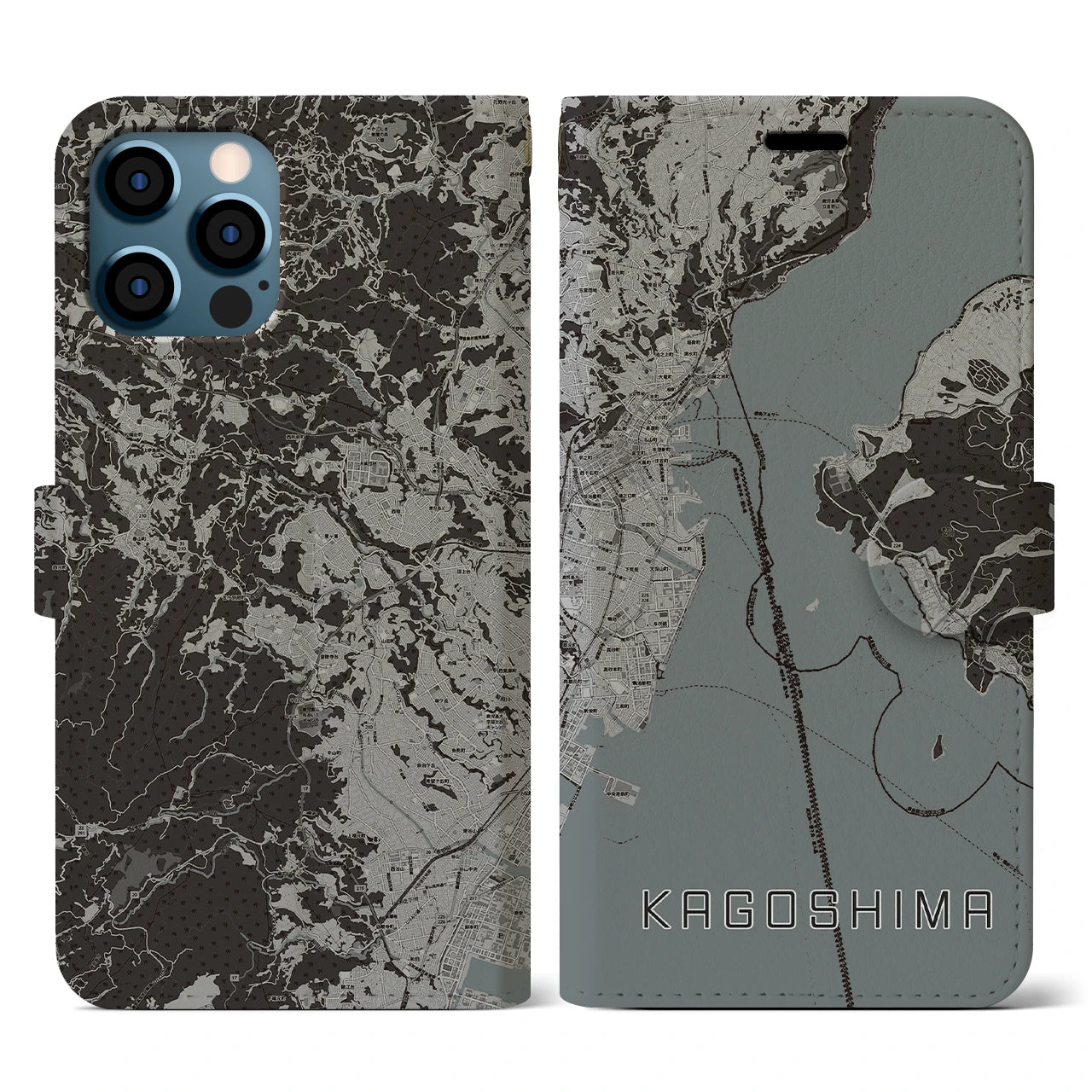 【鹿児島(鹿児島県)】地図柄iPhoneケース(手帳タイプ)モノトーン・iPhone 12 / 12 Pro 用
