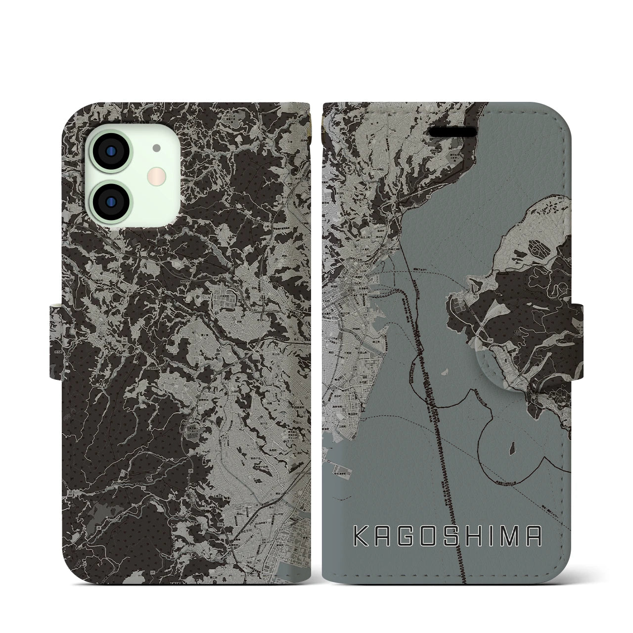 【鹿児島(鹿児島県)】地図柄iPhoneケース(手帳タイプ)モノトーン・iPhone 12 mini 用