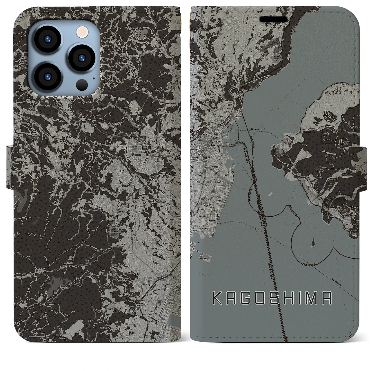 【鹿児島(鹿児島県)】地図柄iPhoneケース(手帳タイプ)モノトーン・iPhone 13 Pro Max 用