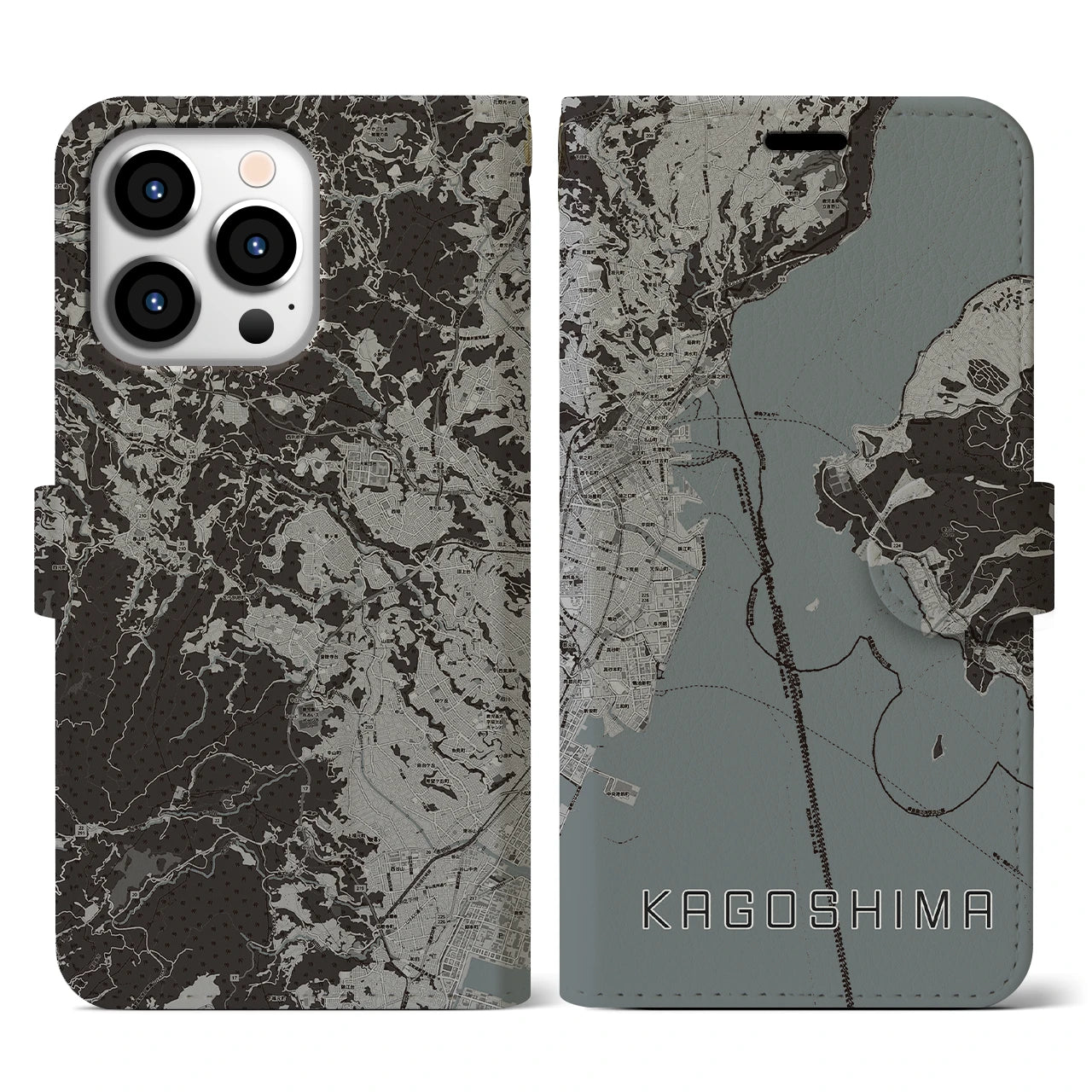 【鹿児島(鹿児島県)】地図柄iPhoneケース(手帳タイプ)モノトーン・iPhone 13 Pro 用
