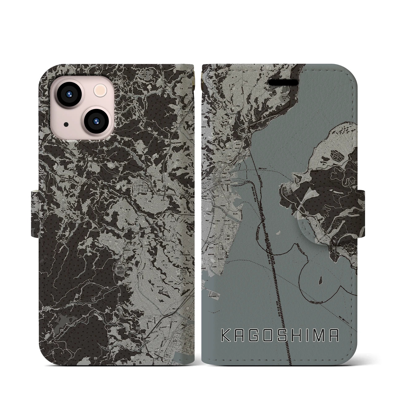 【鹿児島(鹿児島県)】地図柄iPhoneケース(手帳タイプ)モノトーン・iPhone 13 mini 用
